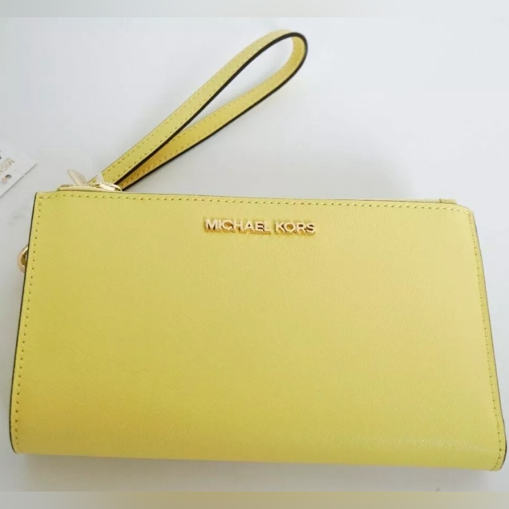 Michael Kors Jet Set Travel Lg Double Zip Wristlet Leather Wallet sunshine ⭐️ - Picture 2 of 11